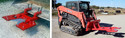 Left pic of Machine-Mounted Disc Tree Cutter mounted to bucket of a machine. Rt Pic shows Machine-Mounted Disc Tree Cutter mounted on extended arms on a skid steer.
