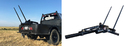 Left pic of black pickup in grassy brown field with double bale-spears attached to truck bed. Rt pic shows double bale-spear assembly