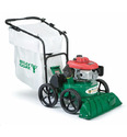 Green Mower-type machine with vacuum head and debris catcher bag