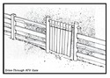 Ink sketch showing the gateâ€™s component parts: two tall wooden posts, steel pipe that runs from post to post (posts near the top), and the eight 10-inch-wide lengths of carpet, each looped over the pipe and riveted to itself.