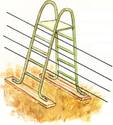 Color drawing of the ladder straddling s four-strand wire fence, showing the platform at the top and bottom of each side bolted to the 2 x 4s.