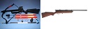 Left pic of black crossbow with red, white and silver injection cartridges lying next to it against a blue background. Rt pic of a bolt-action rifle with brown wood stock.