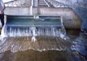 Seen at the end of a line of stanchion feeder is the tank pivoted 90Âº and the water pouring onto the floor.