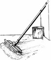 Affixed to a standard push-broom is a water line, the vertical portion affixed to the broomâ€™s handle and the horizontal portion with spray-nozzle holes running the width of the broomâ€™s bristle head.