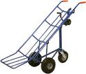 Seen is the two handled, dolly-type cart (the lower portion bent about 45 degrees) with hand-cranked winch assembly located between the handlesâ€”the third wheel centered behind the cartâ€™s two wheels.