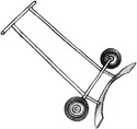 Ink drawing shows the walk-behind, tube-frame tool with the curved pusher blade about 6-8 inches in front of the wheels.