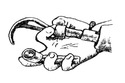 Drawing of a hand showing the thumb and forefinger holding the quick-change unit and the other three fingers holding the turning arm.