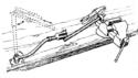 Drawing of the toolâ€™s component parts: bolted base with swivel collar, curved arm with end connector, and straight arm with sliding locking pliers.
