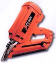 The Paslode nailer showing the pistol-grip handle with slanted, rear-loaded body housing the nail cartridge and battery chamber above it and the nail-depth adjusting mechanism below it.