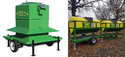 Picture of green solar feeder trailor on left with jack stands down and pic of 2 yellow and green solar feeder stations on right sitting on ground with trees behind them