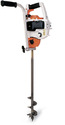 Vertical white orange and black gas-powered long-shaft planting auger against white background