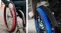 2 pictures of the right large wheel of a wheelchair the one on the left with a red handrim gripping cover and on the right with a blue handrim gripping cover