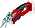 Red & black-handled reciprocating pruning saw with v-shaped metal limb guides on each side of blade & battery pack on back of handle