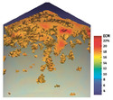 Cutaway visualiztion of a grain bin with color indications of moisture and a scale to the right showing the key to  colors and moisture %