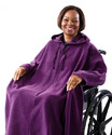 African American woman sitting in a wheelchair wearing a long, hooded purple robe that covers from shoulders to feet