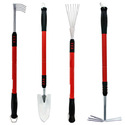 Set of 4 telescoping garden tools with red handles and black tips with metal heads