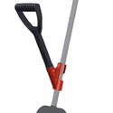Black auxiliary handle clamped with red clamp onto a gray shovel handel at about a 45 degree angle