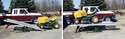 2 pics of metal ramp balanced like a see-saw on green legs in the middle with a pair of legs on one end. First pic has yellow & green riding mower beginning to climb ramp. Second the mower is sitting level on ramp supported by middle and end legs.