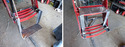 2 pics of red combine steps with added silver angle-iron and metal plate step bolted on with rope tied to plate of step. 1 pic the step is down to use â€“ the other it is pulled up against the 2nd step so it is out of  the way.
