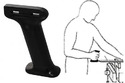 Two pictures side-by-side. The left one is a black handle that's like an upright T with a small foot on it. The pic on the right is an outline drawing of a person using the handle on perhaps a rasp to file something held in a vise.