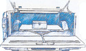 Blue pen-drawing of back of pickup truck with a platform on rollers at the cab-end & a toolbox sitting on the platform with a t-handle attached to the platform extending to the tailgate
