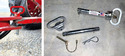 Left pic of red tractor hitch and trailer tongue held together with quick-release hitch pin. Rt pic of silver quick-release hitch pin showing its 4 pieces on cement floor. Handle. Hitch-pin. Cotter key. Quick-release pin with short cable attached.