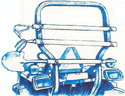 Blue sketch on white background showing 3 lengths of PVC pipe tied horizontally to the back of a ROPS on a UTV with a rake a cultivator & a shovel inserted into the pipes