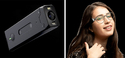 The left is the OrCam device that is a small black rectangular box that would fit on the earpiece of a pair of glasses. The right is a woman from the shoulders up with long brown hair and wearing glasses with the OrCam device attached to the glasses.