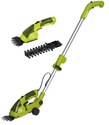 3 pictures of green battery-operated grass trimmer with black blades. One is attached to a telescoping silver & green handle.