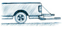 Side-view blue sketch on white backdrop of back of a pickup truck with tailgate down and extended step attached to hitch