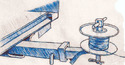 Pen sketch in blue ink of pickup truck bumper with receiver-hitch with a spool of wire sitting on it fastened by a drawbar pin secured with a cotter pin