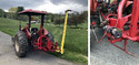 Back of red tractor with ROP roof sitting on roadside with yellow sickle bar in vertical position. 2nd closeup of homemade winch mounted to sickle bar frame to lift and low sickle bar.