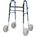 Blue tubular-frame adjustable-height walker with black trim & silver height adjustment sleeves at bottom â€“ fitted with wide balloon-style gray tires.