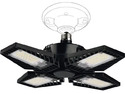 Drawing of round standard light bulb socket on ceiling with pic of light that screws into the socket & looks like a black ceiling fan with 4 blades & each blade has an LED light panel in the middle