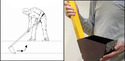 Left pen drawing of man bending over clearing trench with long-handled tool that looks like a hoe. Right pic of man holding yellow-square-handled trench-cleanout tool with brown head that looks like a small rectangular scoop