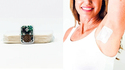 Left pic of small green circuit board with watch-style battery against a stack of patches used to hold the smart thermometer against the skin. Right pic of woman in white tank top with left arm raised showing smart thermometer under her arm