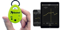 Left pic of right hand holding lime-green flat tear-drop-shaped plastic fob with silhouette of black bird in flight on itâ€“word KESTREL D2â€“2 buttons & small speaker holes. Right pic of 2 black monitors showing yellow temperature points on line graph