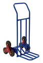 Blue tubular hand truck but instead of 2 regular wheels it has a 3-wheeled pinwheeel-style attachment on each side so as the dolly goes up or down stairs the wheels rotate to the next wheel