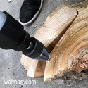 Hand drill with firewood-splitting drill bit splitting small log into kindling