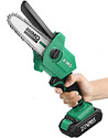 White hand and wrist holding a green & black KIMO one-handed cordless chainsaw with 20-volt battery on bottom