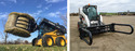 Left pic yellow & black skid steer with large round bale held in squeeze-type grapple against blue sky. Lft pic of white skid steer with black squeeze-type big bale grapple on front