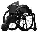 Black & white pic of wheelchair that has electric motor unit hanging under seat with small drive-wheel attached under it in contact with the ground.