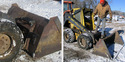 Left pic of skid steer bucket on ground in snow with 2 steps welded on it. Rt pic man stepping out of skid steer onto steps on bucket