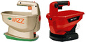 Two hand-held plastic spreaders. Left is tan & green with SCOTTS WIZZ label. Right is red & black with Einhell label.