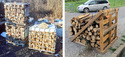 Left pic cubes made of round betal bars with pallet base holding cut firewood. Brown trees & grasses in background. Rt pic of 2 wood pallets - 1 flat & other upright fastened together with angled boards on each side holding firewood.