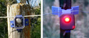 Left pic of blue electronic unit with electric fence wire running through it mounted on wood fence post. Right pic same unit mounted on metal fence post and light on unit is lit up.