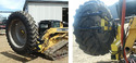 Left pic of yellow skid steer with black attachment on front that has 2 arms left & 2 right holding a large tire in their grasp. Rt pic showing same thing but from back of tire showing more of arm attachment.