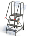 Gray metal 4-step ladder with 2 wheels on the back - handrails - & a chain across the handrails at the back of the top step