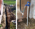 Left pic of narrow trench along outside of barn wall. Rt pic of vertical pipe coming out of ground with faucet on it attached to hose.