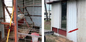Left pic of metal chicken coop with dark red sloping metal tray running under roost toward customized doors in coop wall. Rt pic of outside of white chicken coop with red customized doors for accessing manure tray.